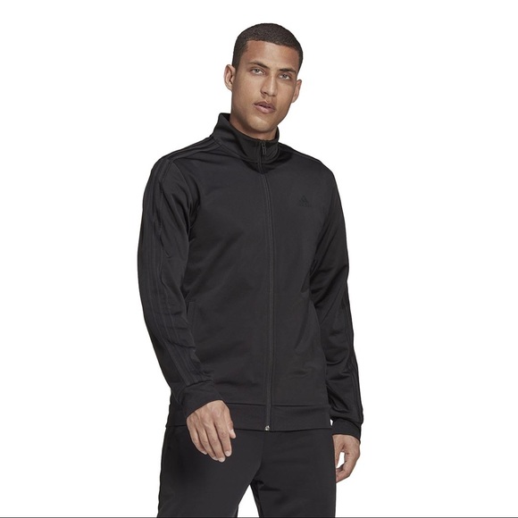 adidas Men's Essentials Warmup 3 Stripes Black on Black Track Jacket - Picture 3 of 12